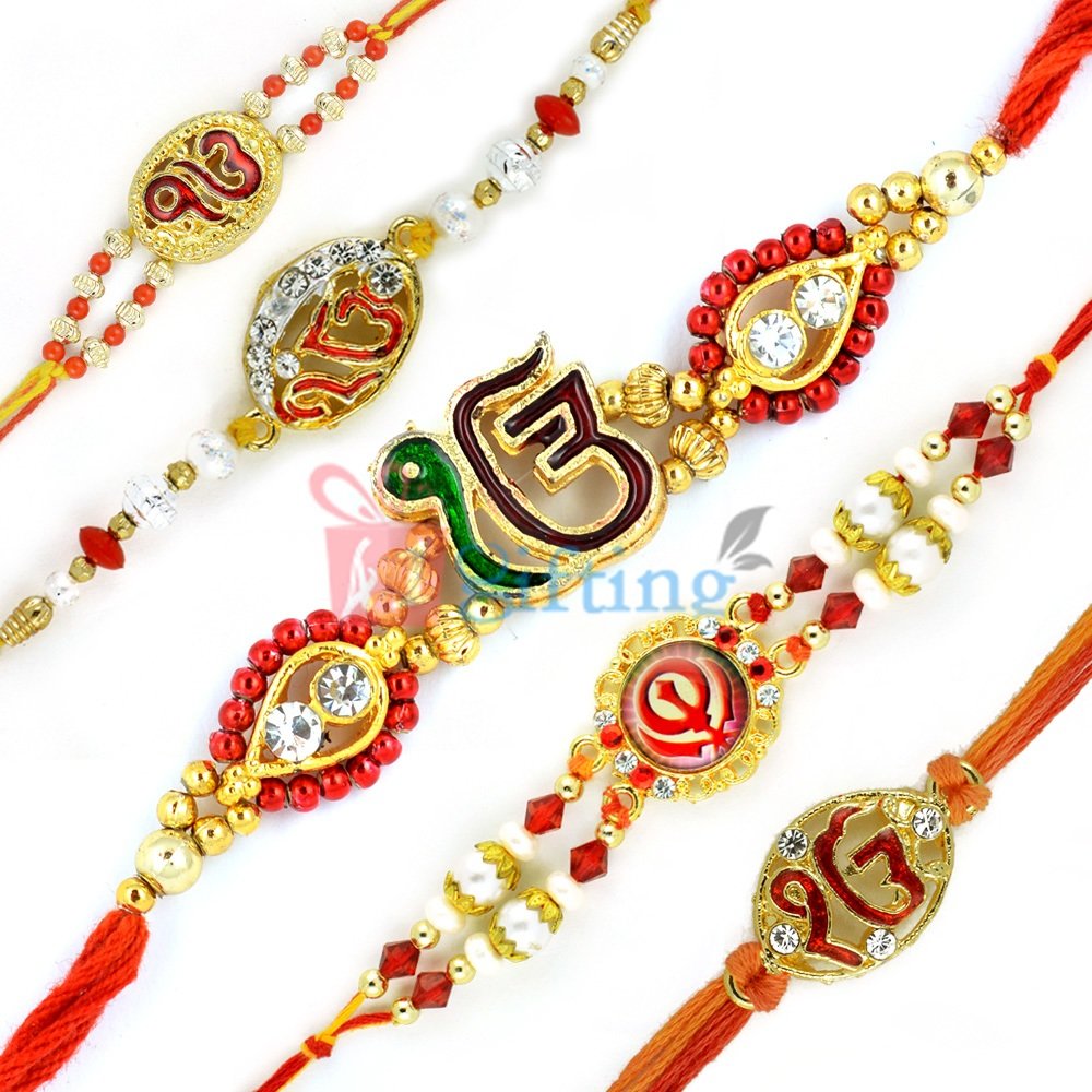 Sikh Rakhi Set of 5 Rakhis with Meena Diamond Beads Rakhi