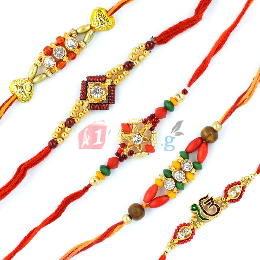 Sikh Rakhis of 5 Rakhi Set with Diamond and Beads