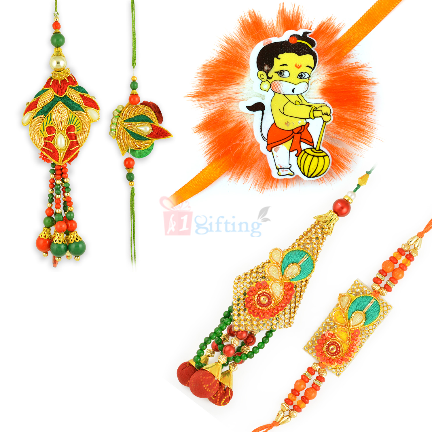 Glace Multi Colour Zardozi with Chhota Hanuman Rakhi Set