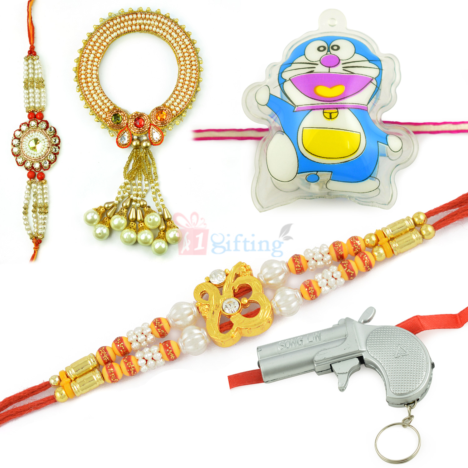 Dazzling 5 Rakhi Set with Gun Toys Rakhi