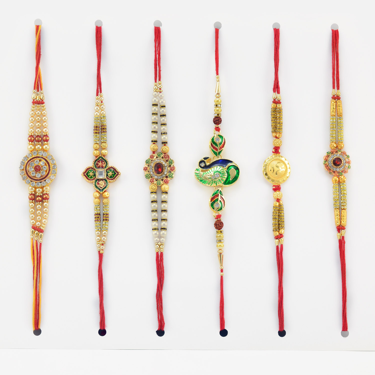 Rich Set of 6 Brother Rakhi of Golden, Beads and Peacock