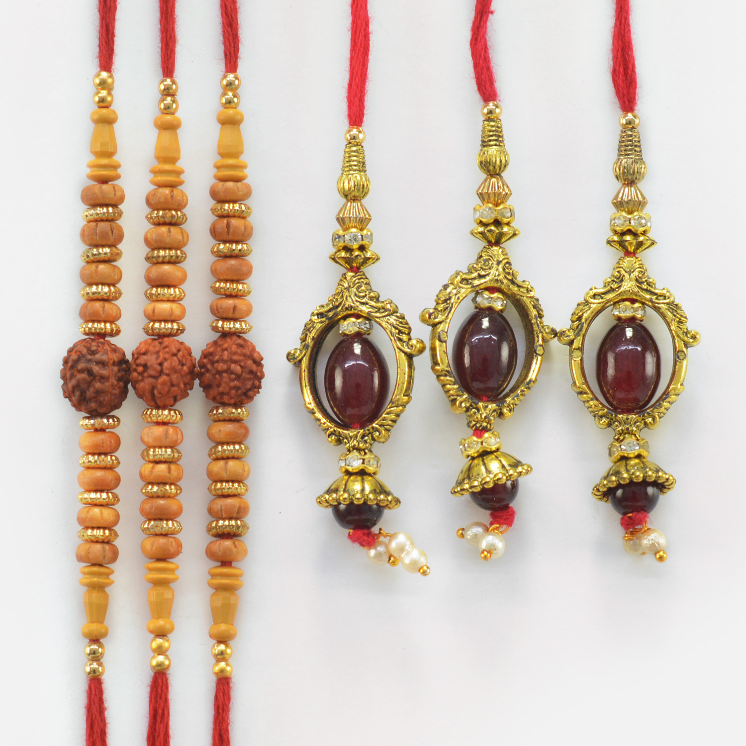 Sandalwood Beads Desginer 3 Sacred Rudraksha Brother Rakhis with Beautiful Lumba Rakhis Set of 6