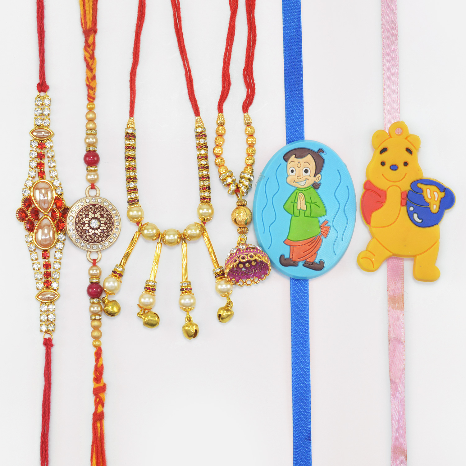 Buy or send Pearl and Jewel Studded Brother Rakhis with 2 Lumba Rakhis and  Cartoon Kids Rakhi of Bheem and Pooh Character Online