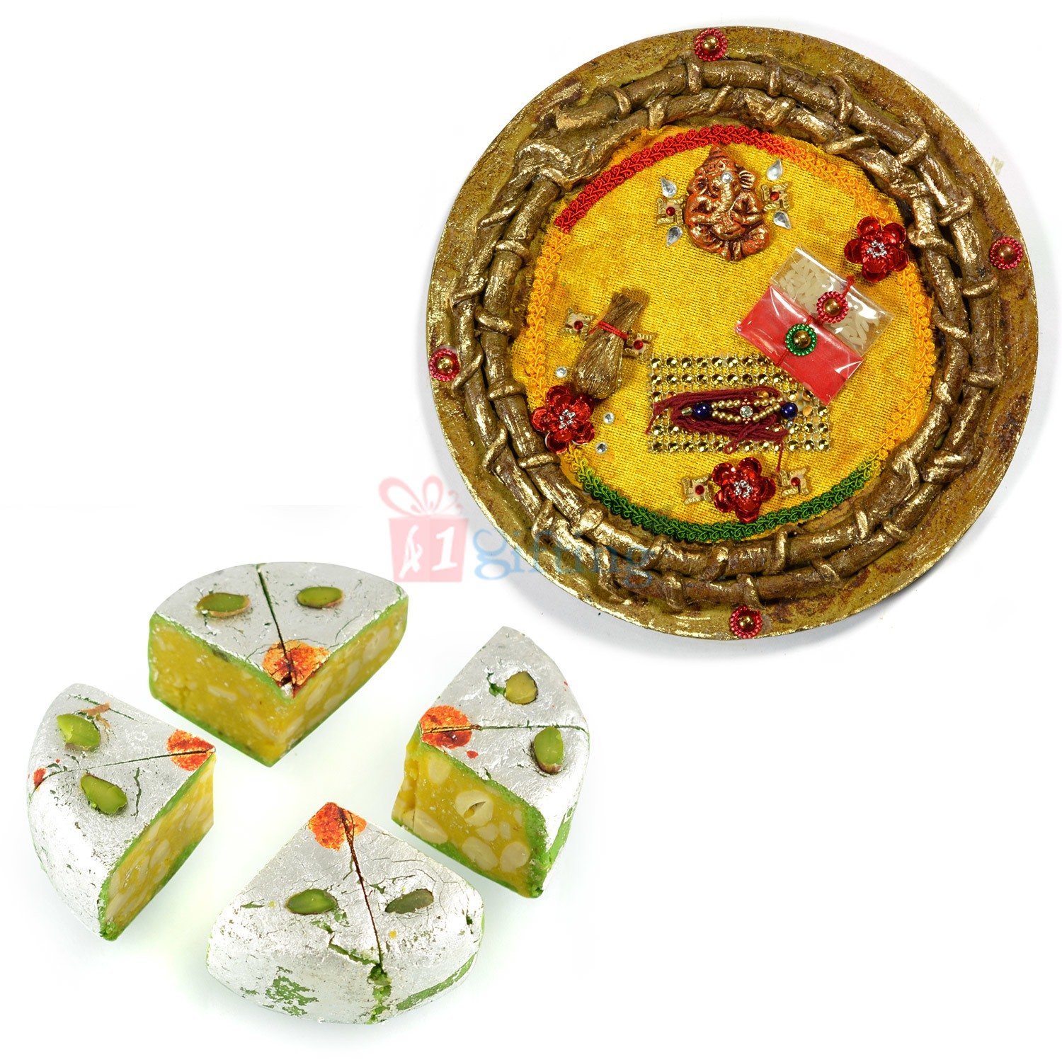 Ganesha Paper Meshi Pooja Thali with Kaju Diamond Cake