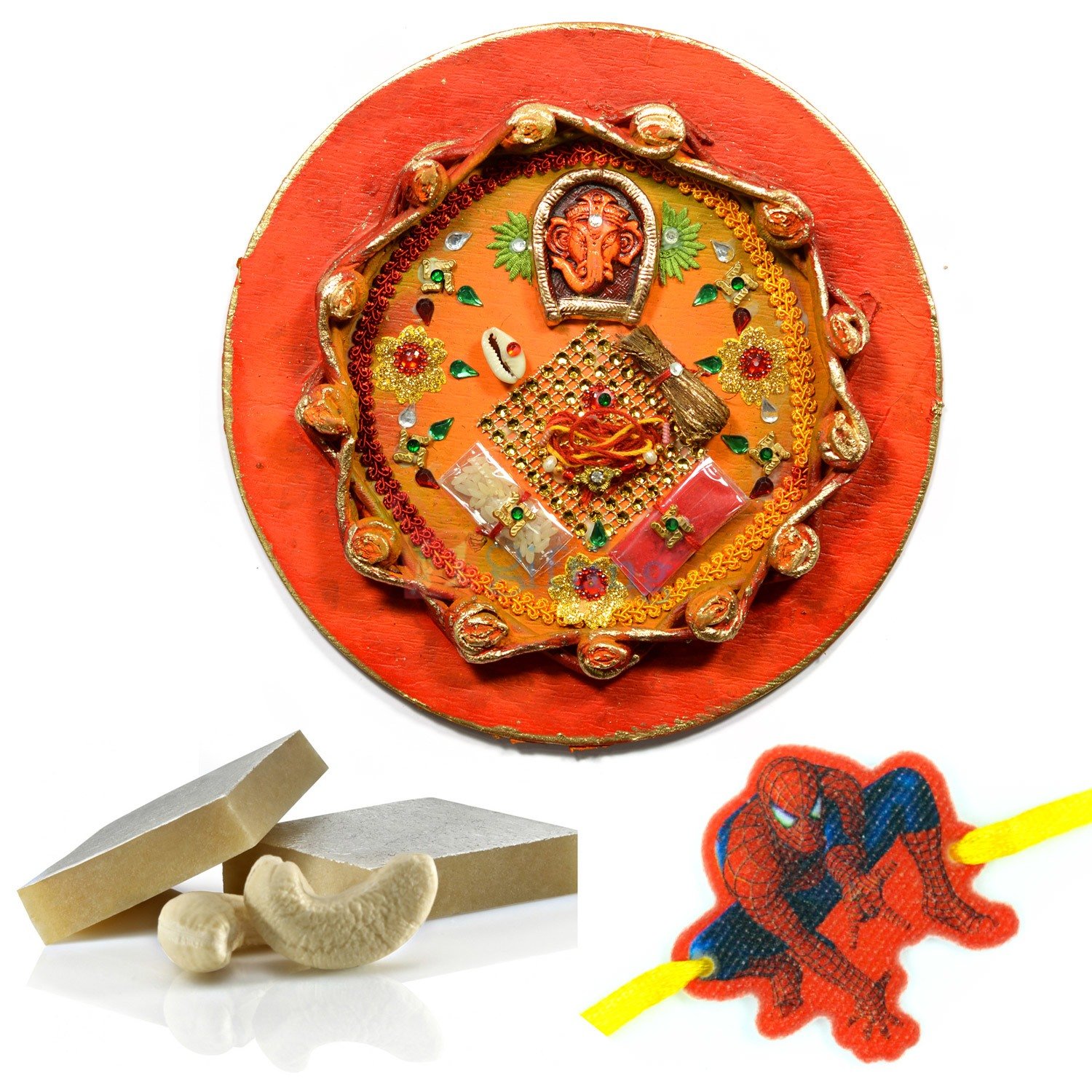 Ganesha Flower Pooja Thali Sweets and Kids Rakhi Hamper