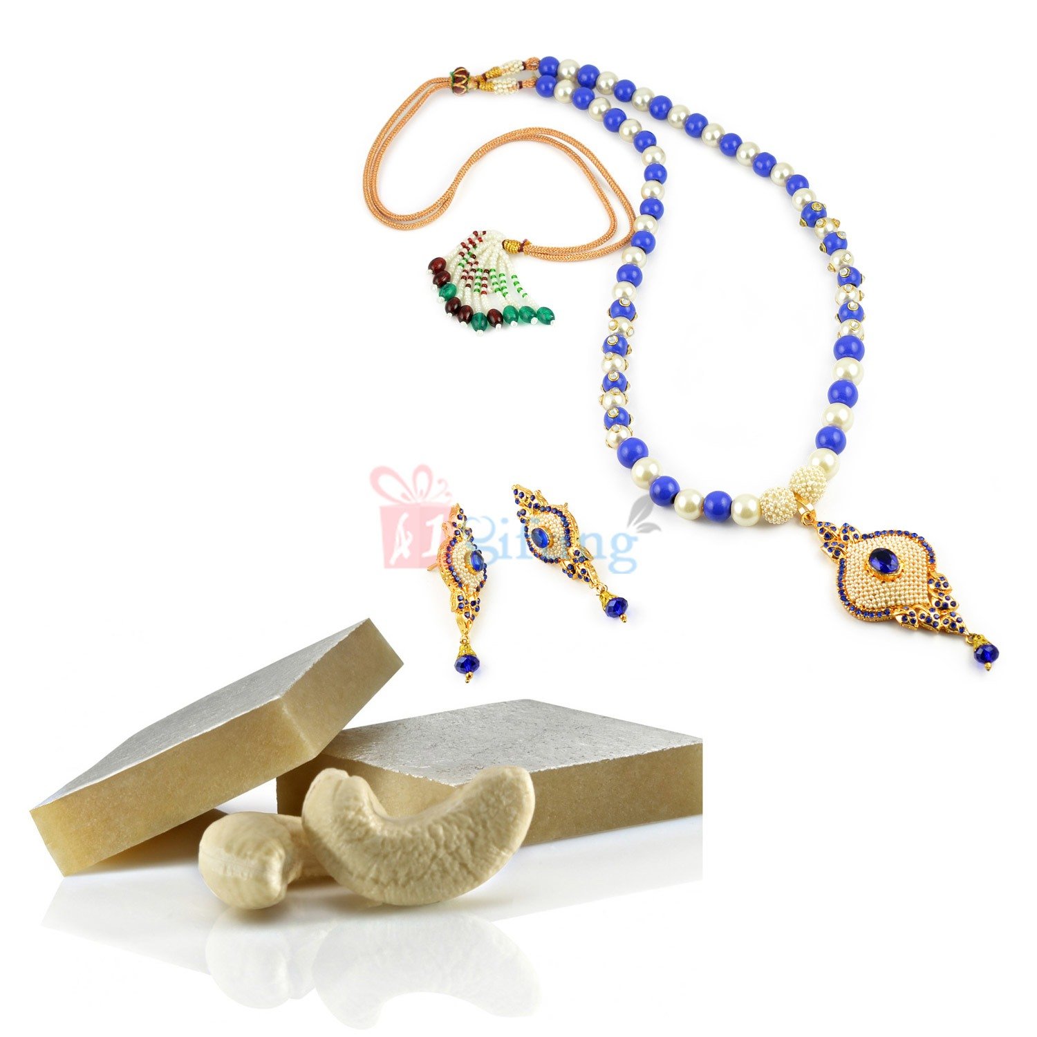 White Blue Beads with Kaju Katli