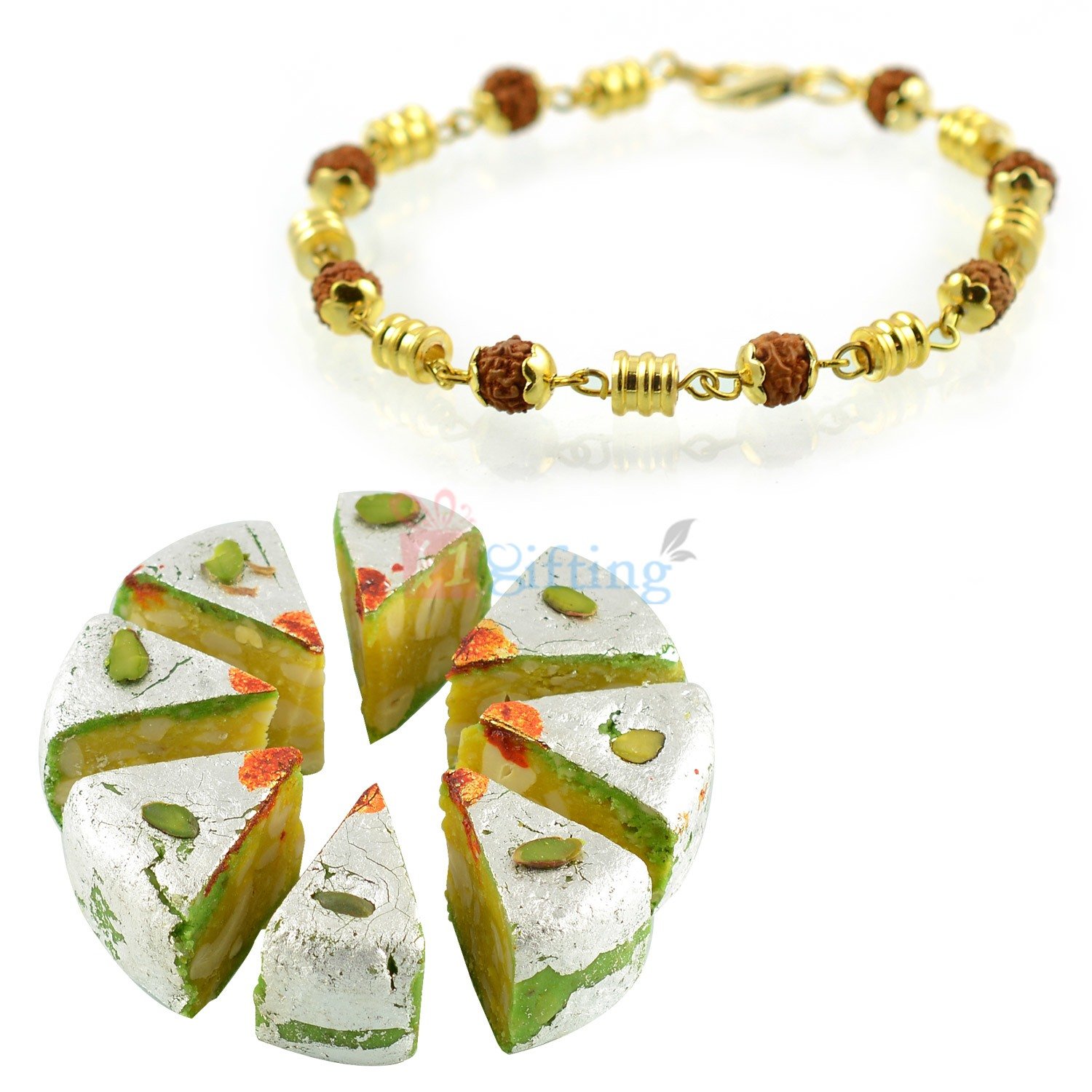 Golden Rudraksha Bracelet and Kaju Diamond Cake Gift