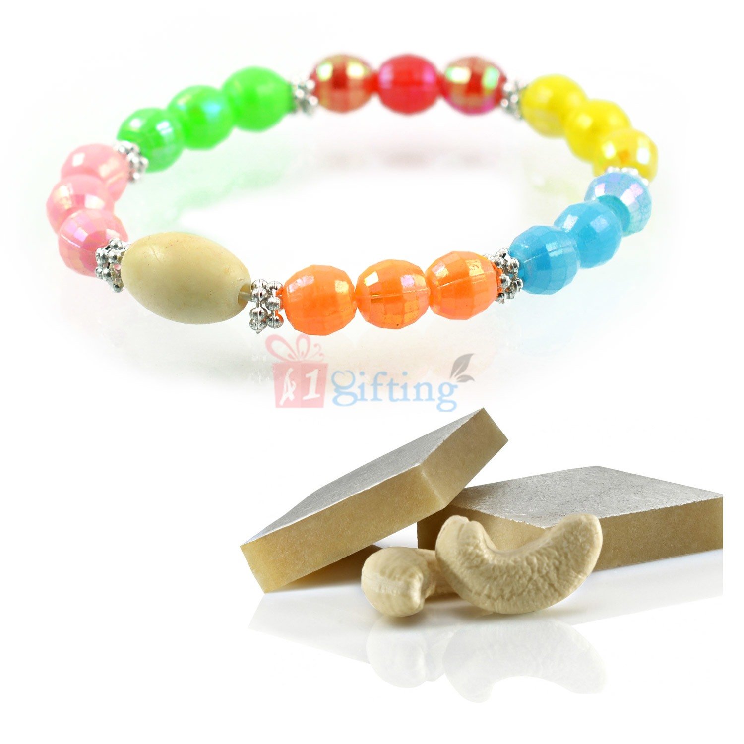 Multi Color Beads Bracelet with Kaju Katli Sweet Gift