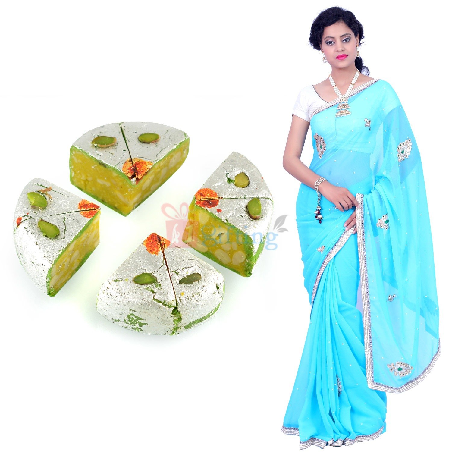 Amazing Saree Gift with Kaju Diamond Cake