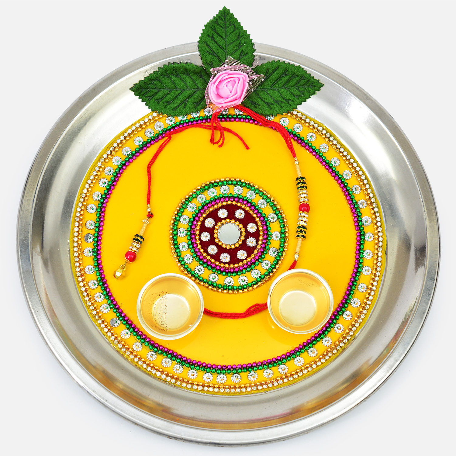 Circular Shape Design Crafted Jewel Yellow Color Amazing Puja Thali with Flower and Rakhis
