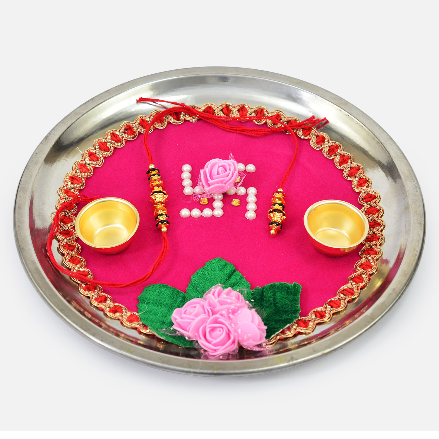Artificial Design Beautiful Rose On Sacred Swastika Rakhi Puja Thali
