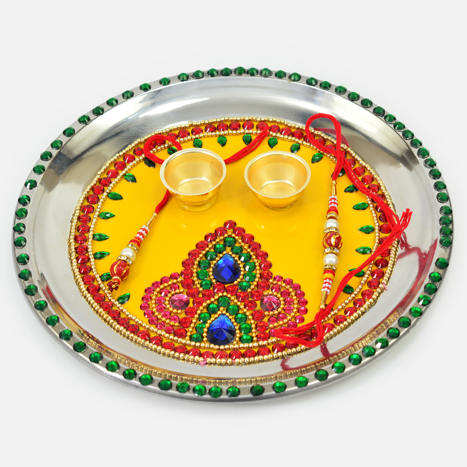 Colorful Jewel Studded On Yellow Base Design Magnificent Rakhi Puja Thali