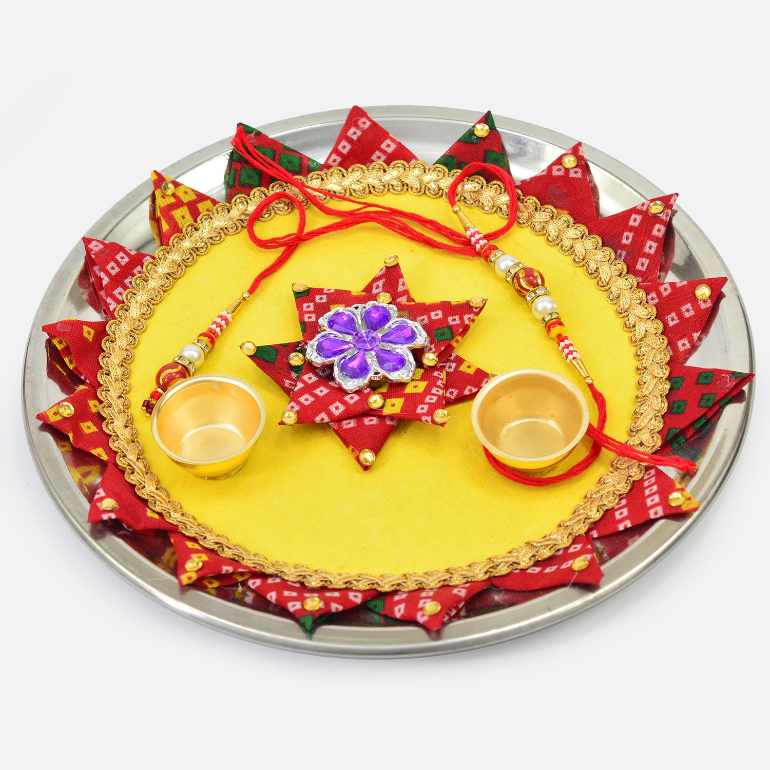 Rajasthani Fabric Design Yellow Base Pooja Thali with Rakhi for Bhaiya and Bhabhi