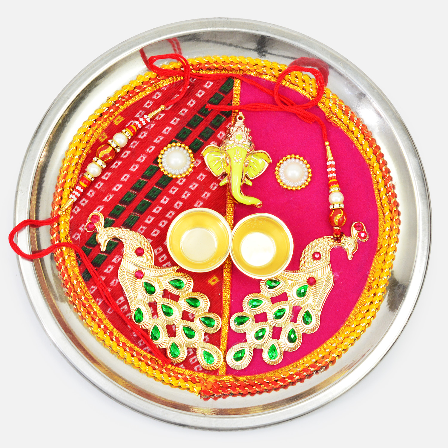 Colorful Design Ganesha and Peacock Studded Rotating Thread Style Rakhi Puja Thali for Raksha Bandhan