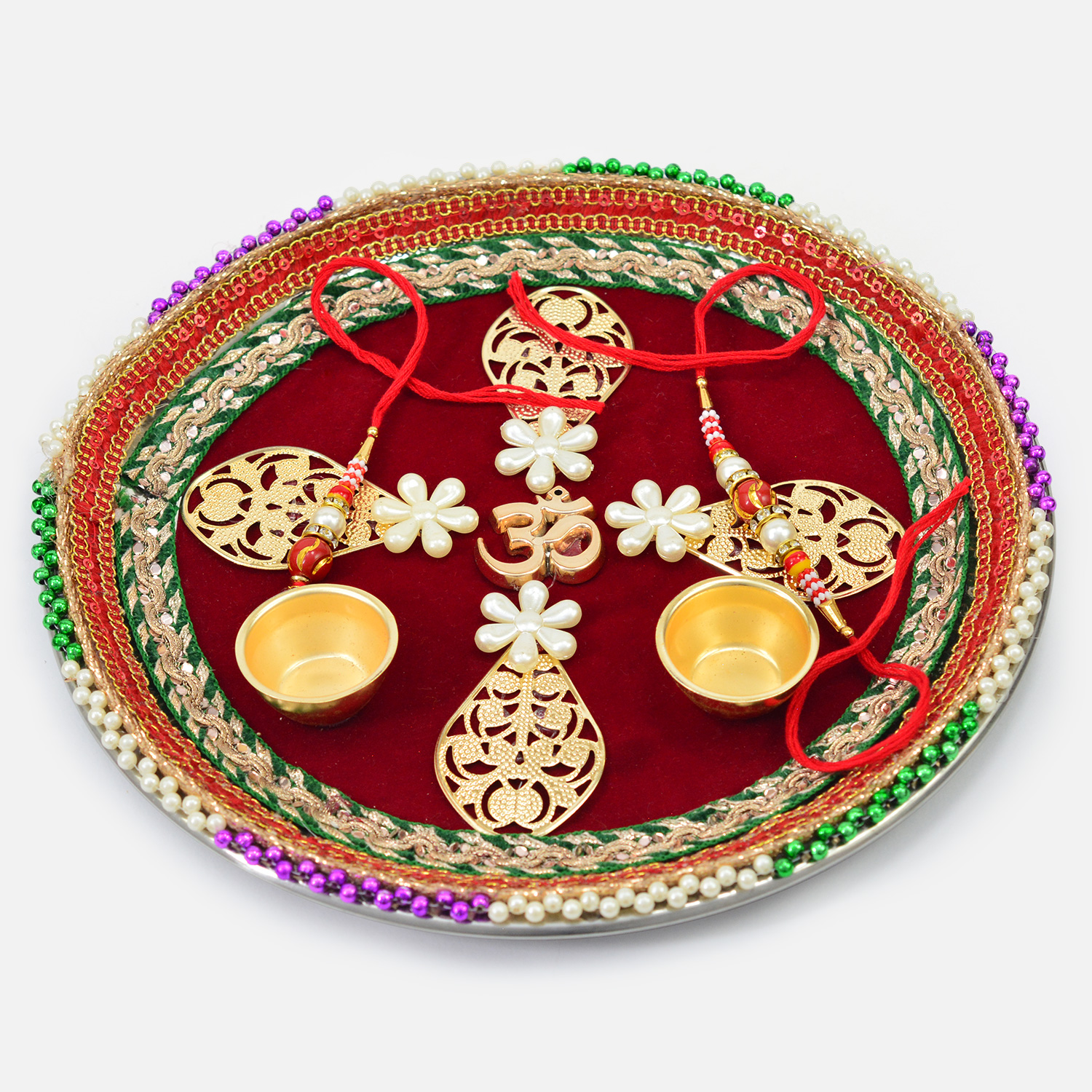 Divine Om in Mid Special for Puja Design Rakhi Thali with Couple Rakhis
