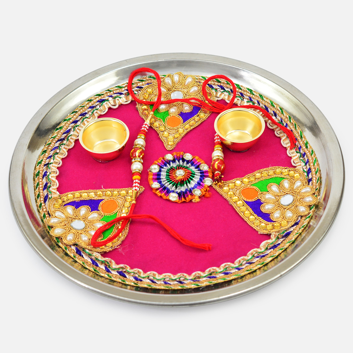 Pink Base Pan Shape Design Flower and Jewel Studded Fabric Pooja Thali