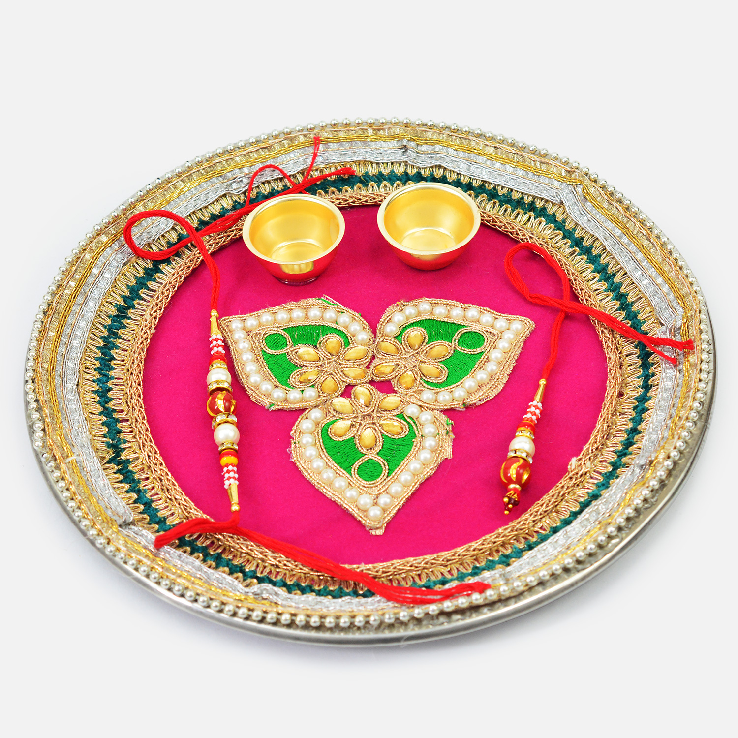 Pan and Flower Shape Design Pink Base Colored Special Puja Thali with Rakhi for Brother and Bhabhi
