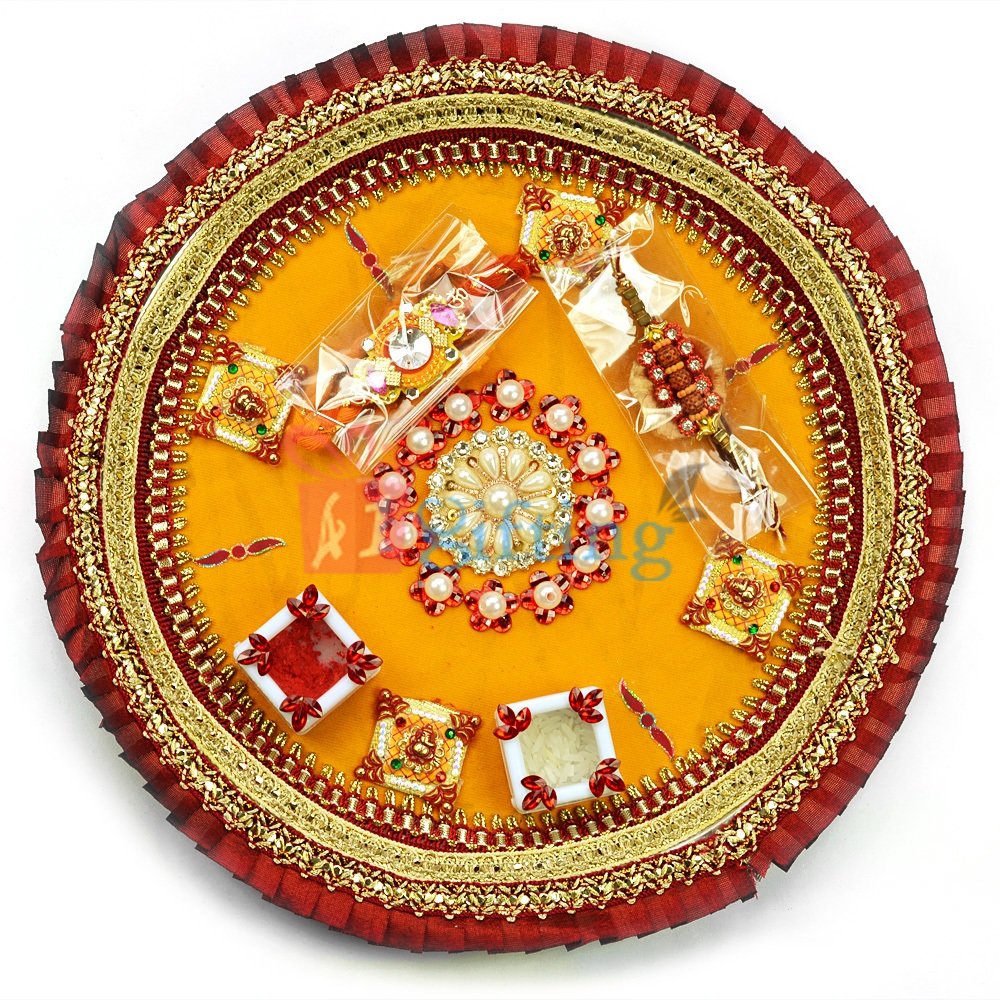 Pearl Floral Embroidery Rakhi Pooja Thali