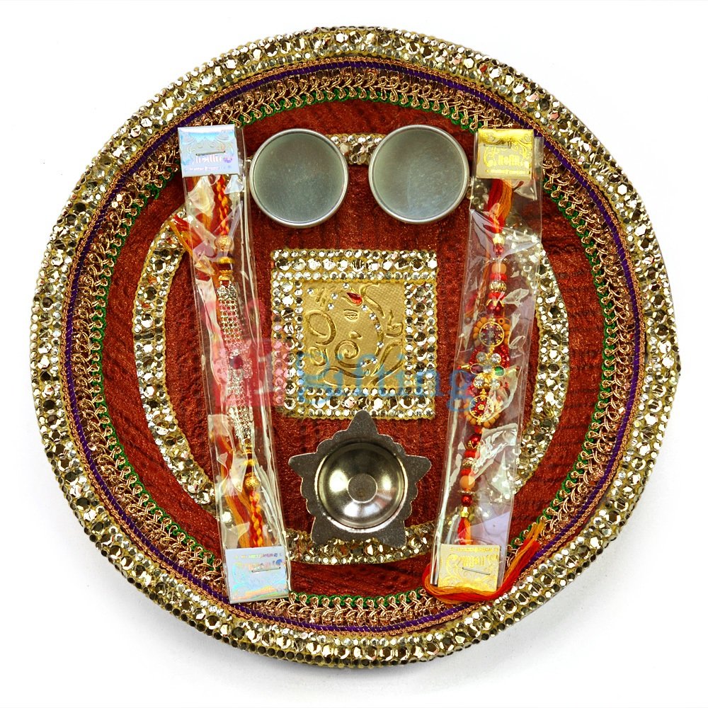 Silver Gotawork Ganesha Rakhi Pooja Thali