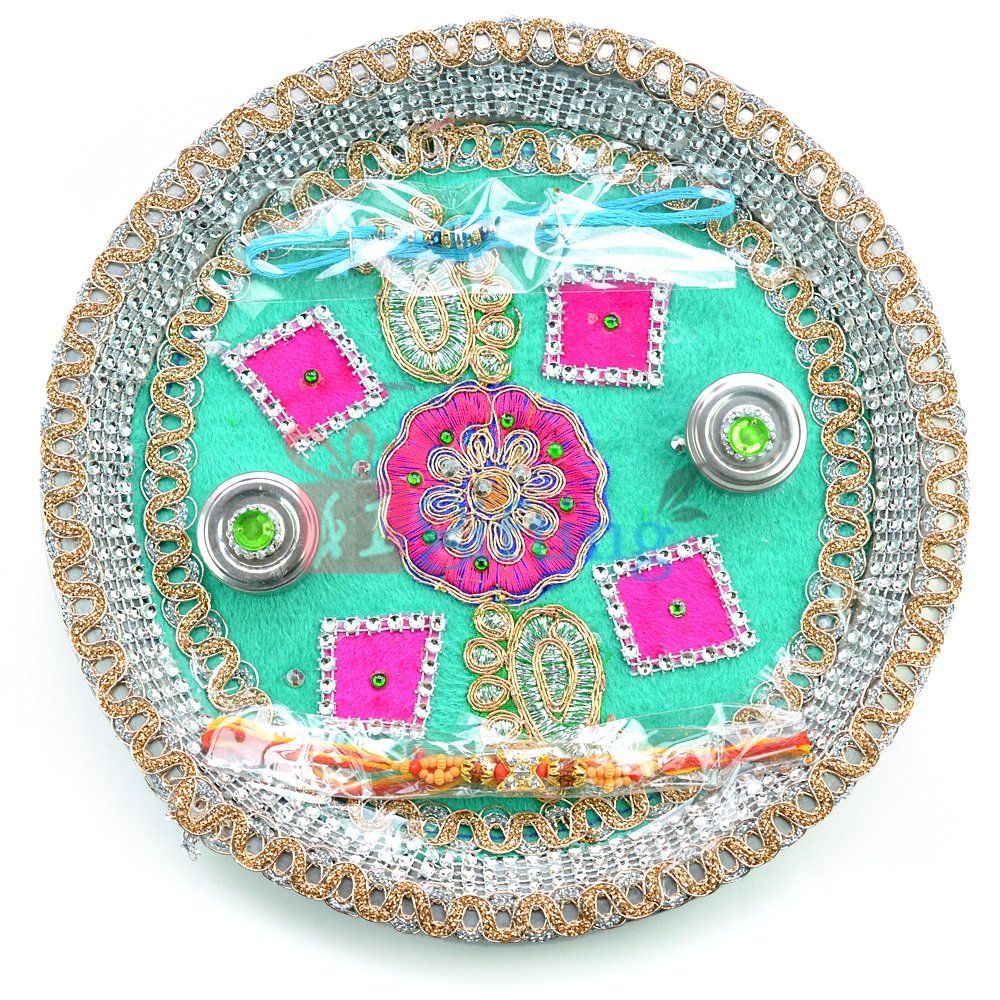 Pink Cyan Flower Kundan Pooja Thali for Rakhi festival