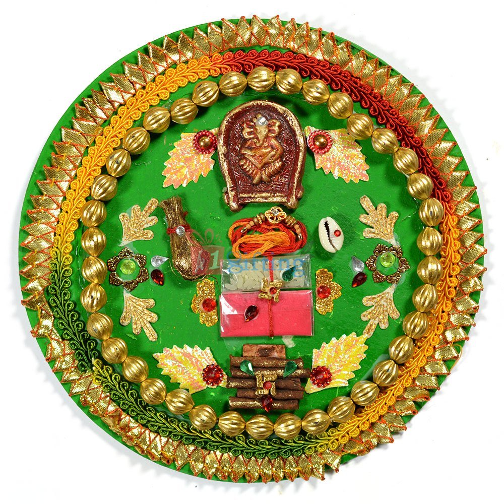 Handicraft Paper Mache Rakhi Pooja Thali with Beads and Gota