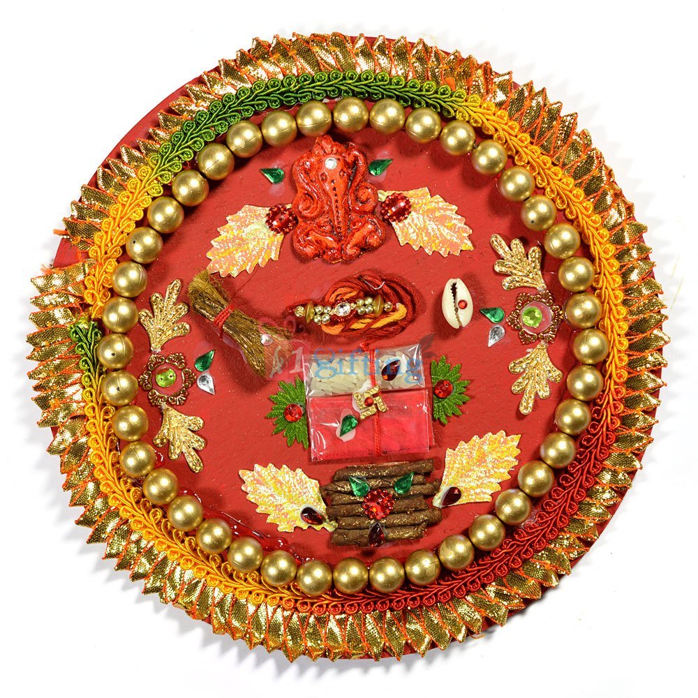 Golden Beads Paper Mache Rakhi Pooja Thali for Raksha Bandhan
