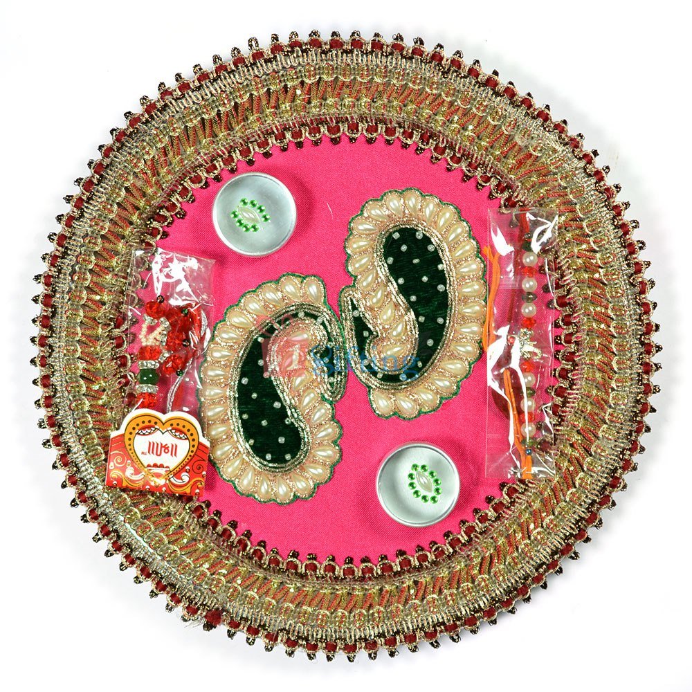 Designer Pearl Velvet Leaf Rakhi Pooja Thali for Raksha Bandhan