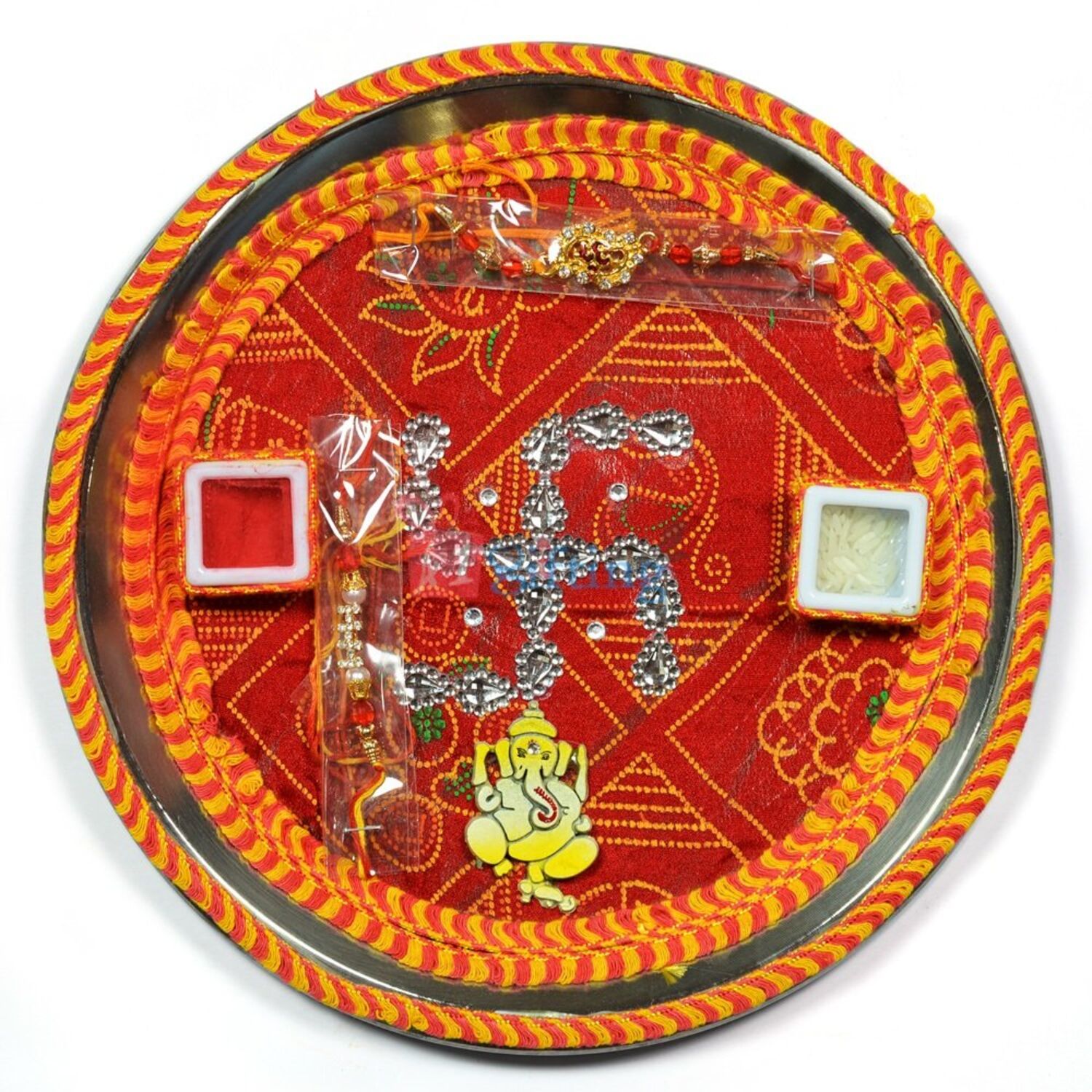 Mouli Chunari Kundan Swastik Ganesha Rakhi Pooja Thali
