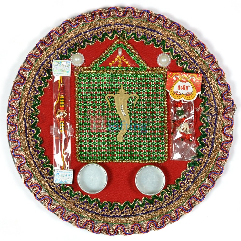 Handicraft Mate Ganesha Zardozi Border Rakhi Pooja Thali
