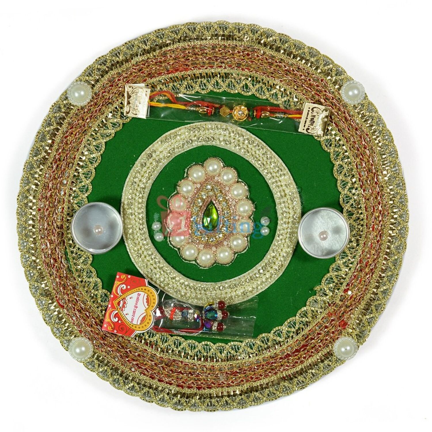 Wonderful Pearl Zardozi Circular Rakhi Pooja Thali