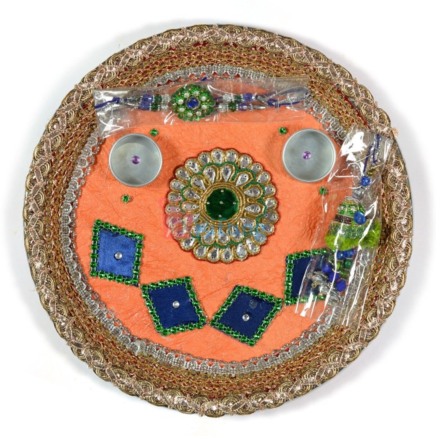 Designer Kundan Flower Zardozi Velvet Rakhi Thali
