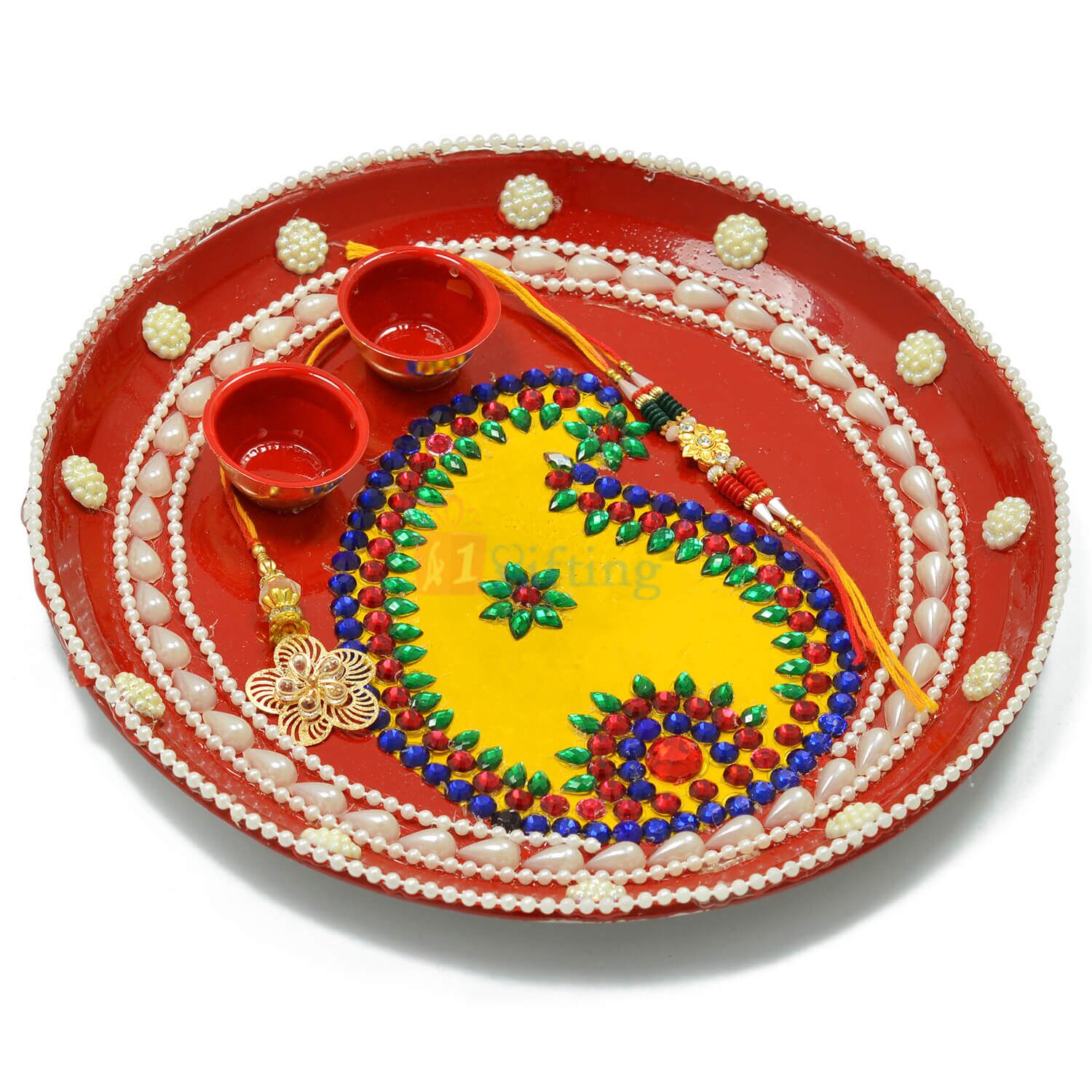 Awesome Painted Pearl Leaf Rakhi Pooja Thali