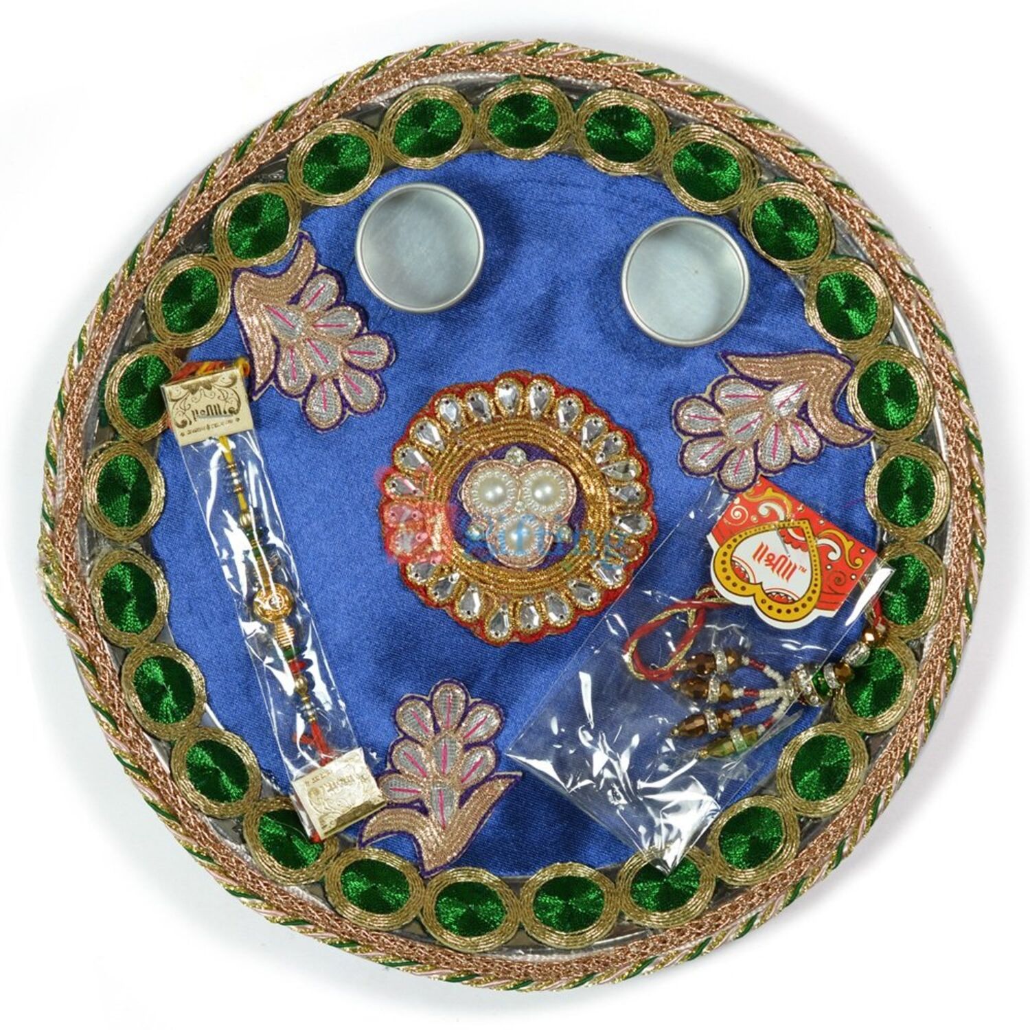 Velvet Base Kundan Zardozi Plant Rakhi Pooja Thali
