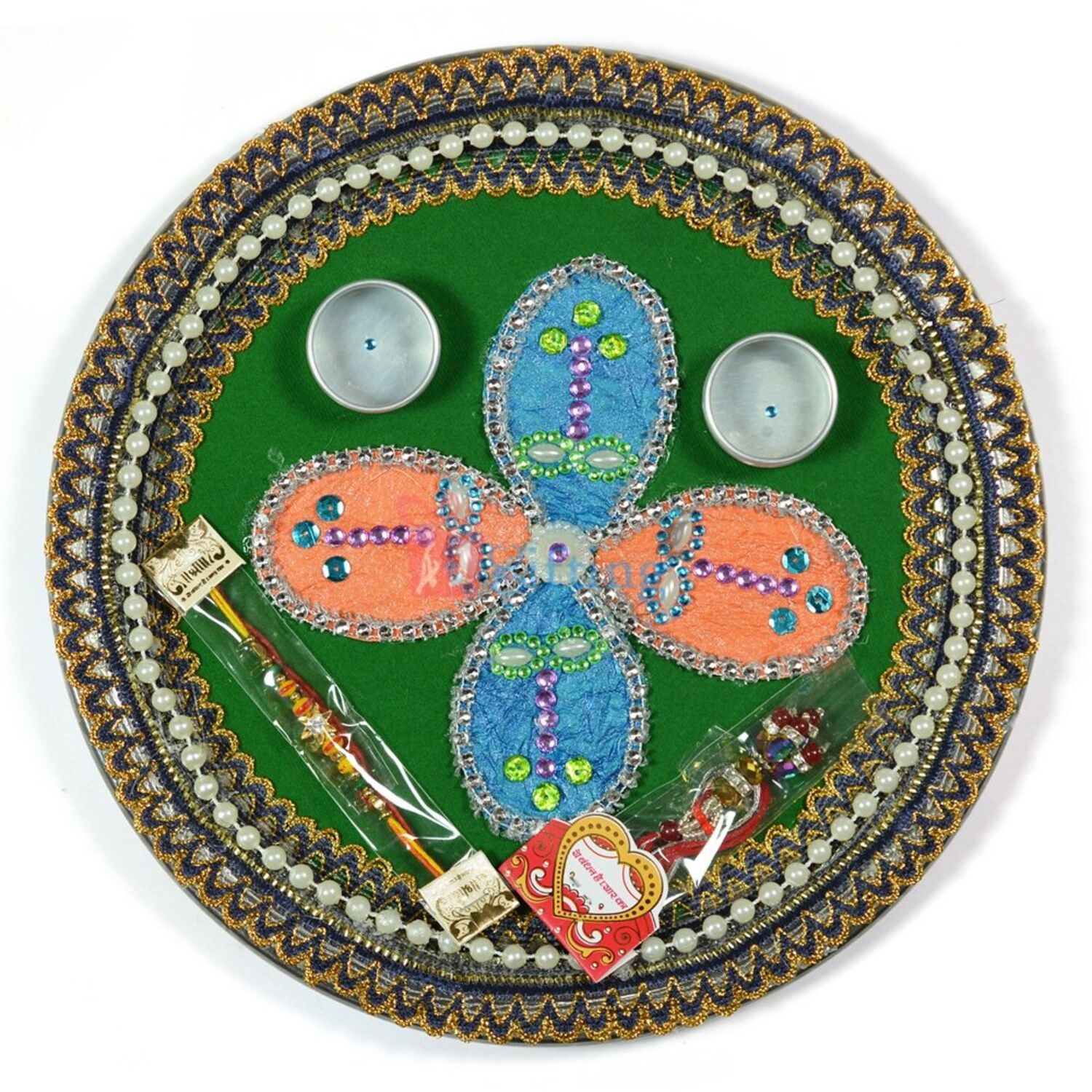 Multicolor Flower Kundan Pearl Rakhi Pooja Thali