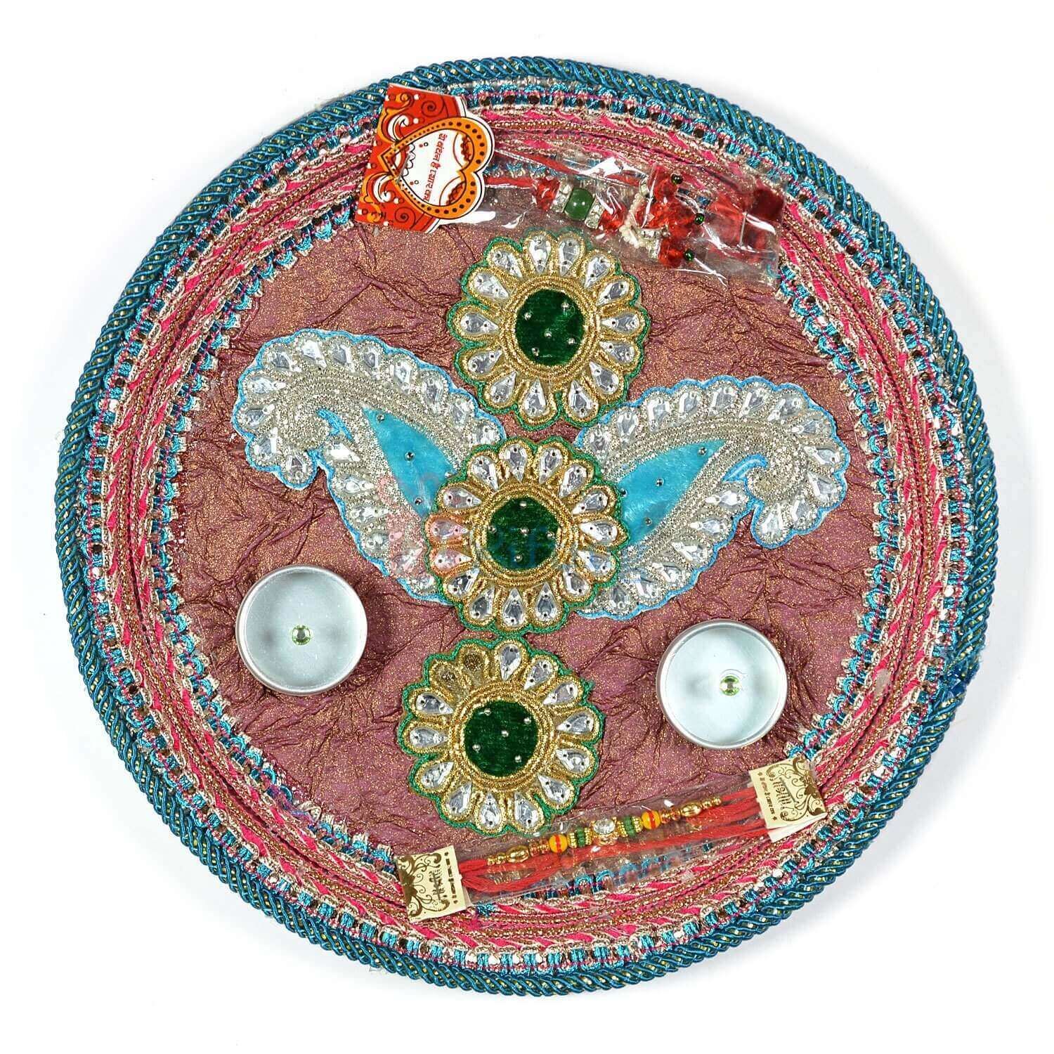 Kundan Flower Handmade Paper Base Rakhi Pooja Thali