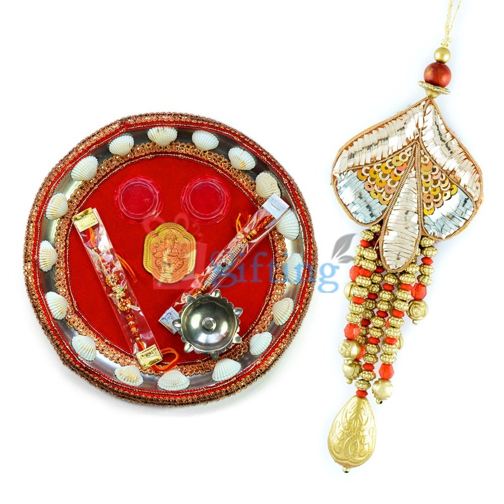 Golden Ganesha Rakhi Thali with Beads Gota Lumba Rakhi