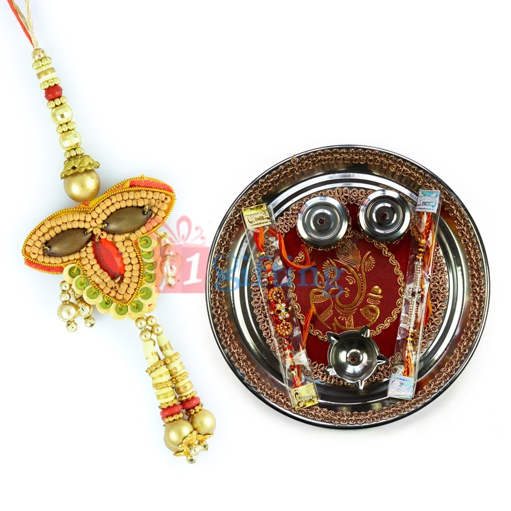 Lambodhar Steel Pooja Rakhi Thali with Beads Lumba Rakhi
