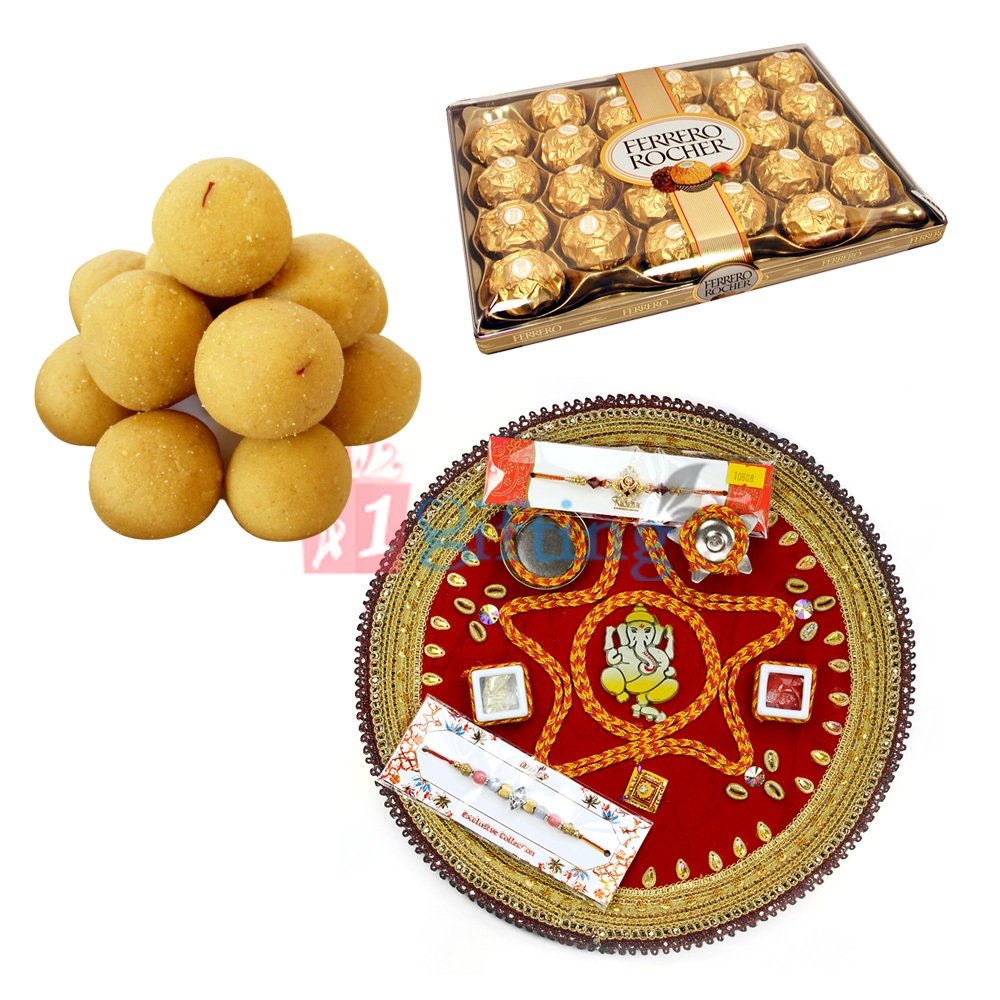 Ganesha Star Moli Rakhi Thali-Besan Laddu-24 Pcs Ferrero Rocher Pack