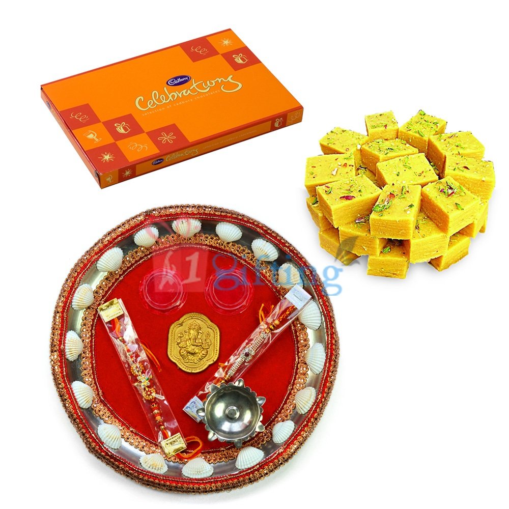 Simply Ganesha Rakhi Thali-Soan Papdi and Cadbury Celebration Pack