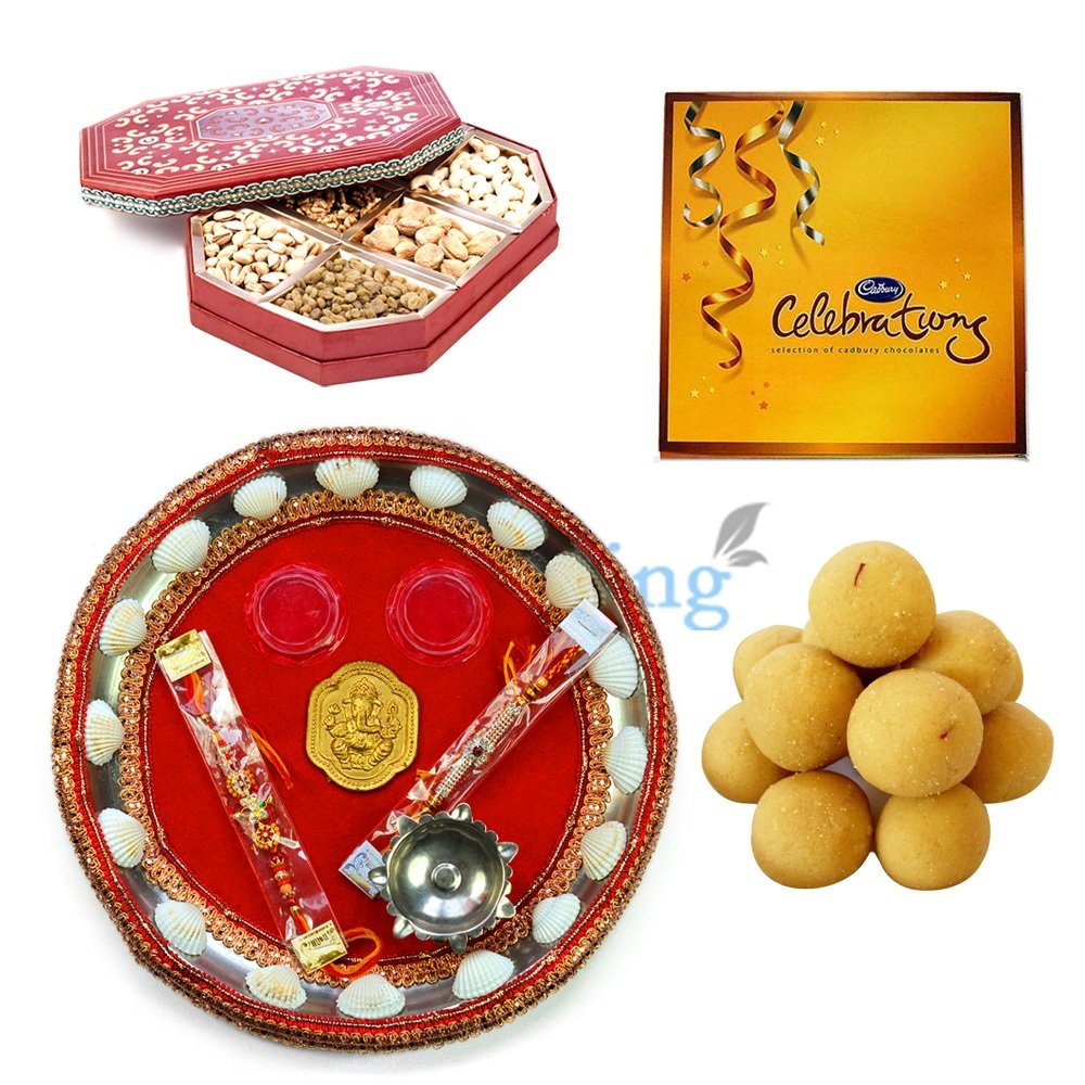 Ganesha Rakhi Thali-Besan Laddu Sweets-Cadbury Celebration Pack and Dry fruits