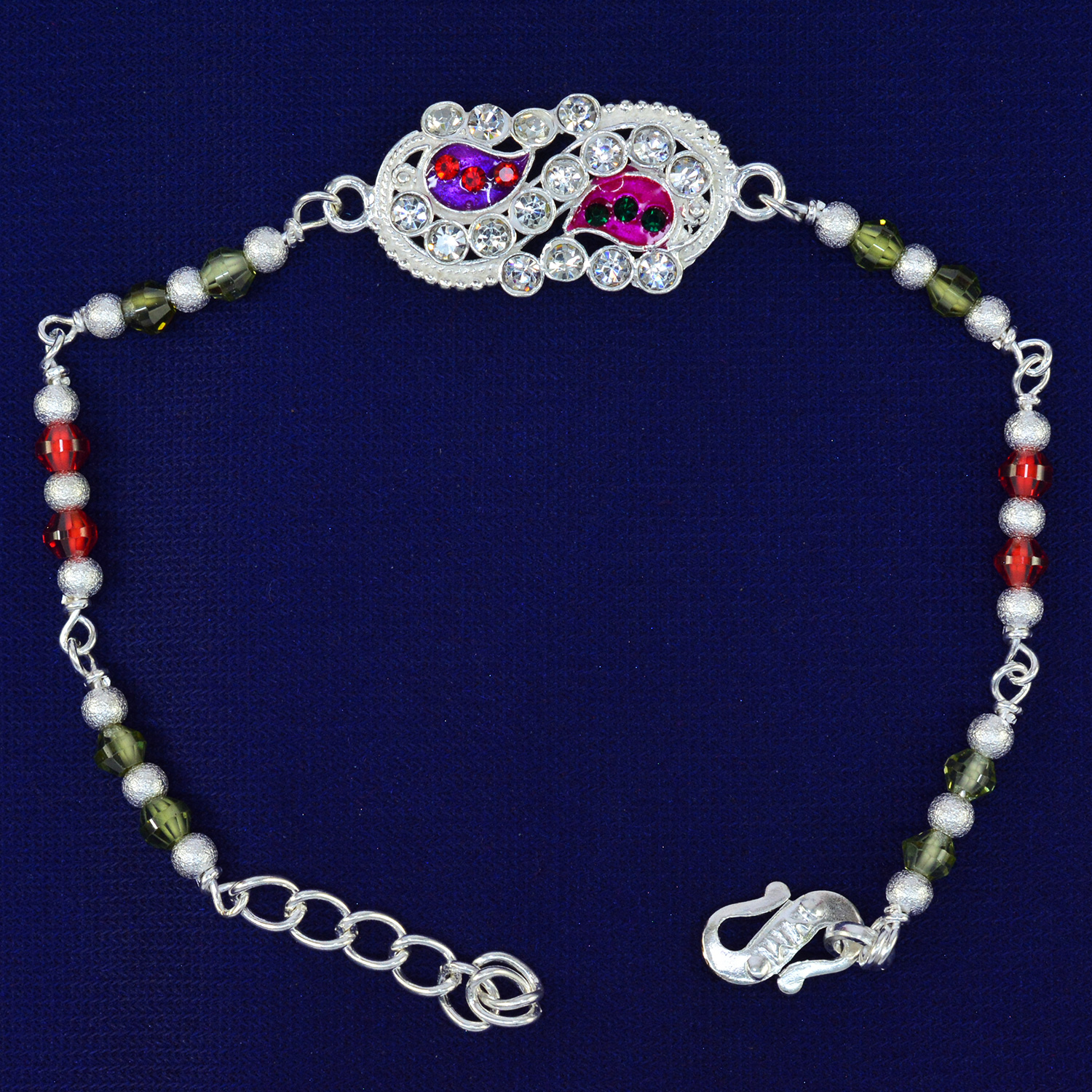 Diamond Studded and Beaded Mind Blowing Pure Silver Brother Rakhi - 9.3 Grams