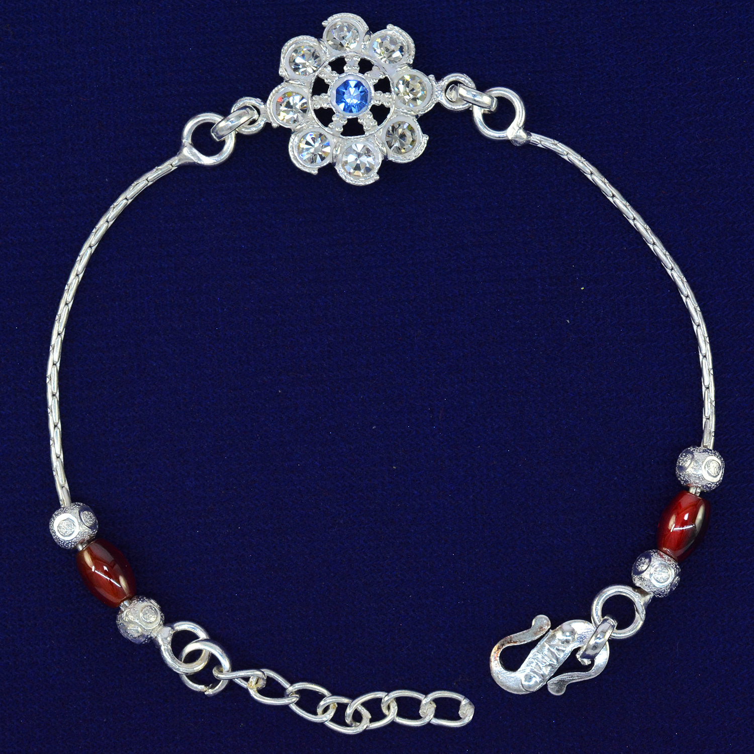 Blue Stone in Mid Beautiful Floral 70% Pure Silver Rakhi for Brother 7.4 Grams