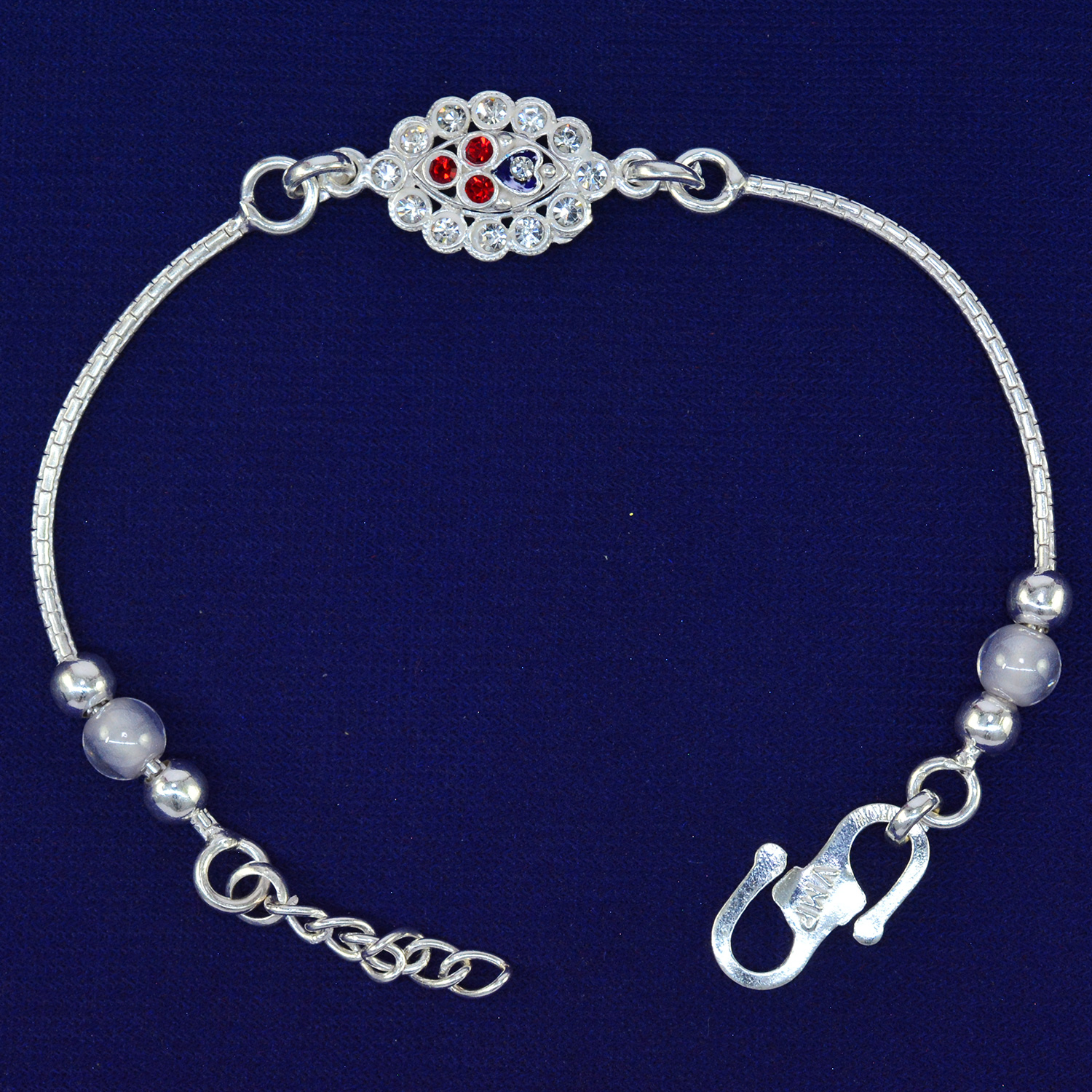 Red and Blue Beads Floral Design 70% Pure Silver Rakhi Design - 8.3 Grams