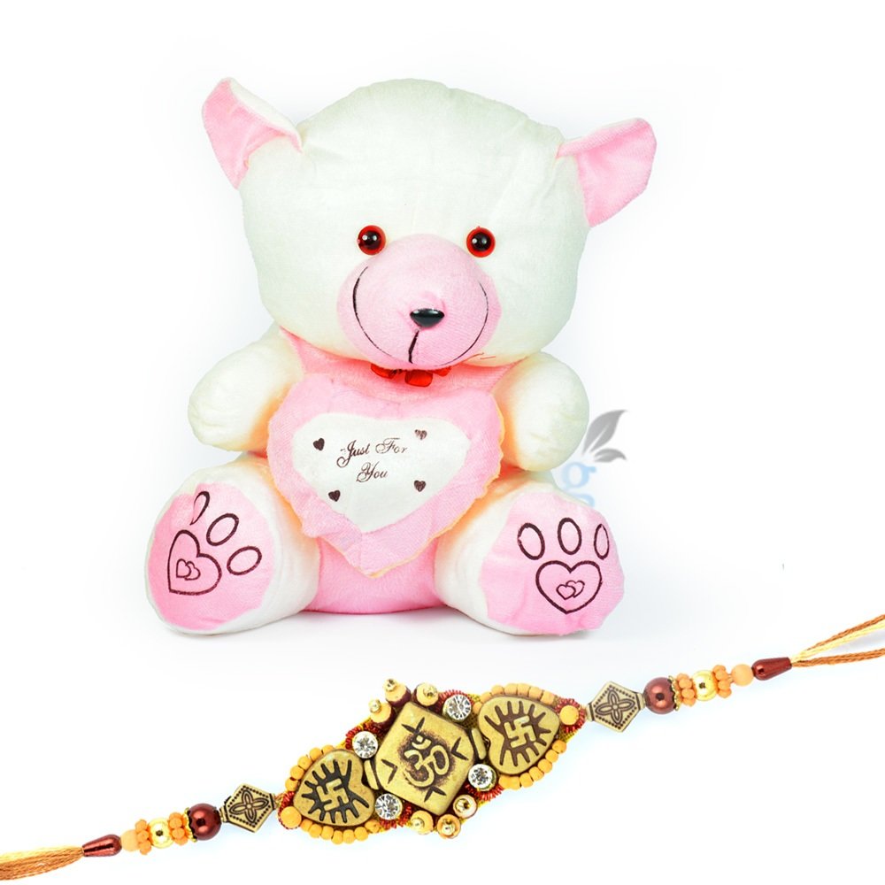 Pink White Little Heart Teddy Bear n One Auspicious Rakhi