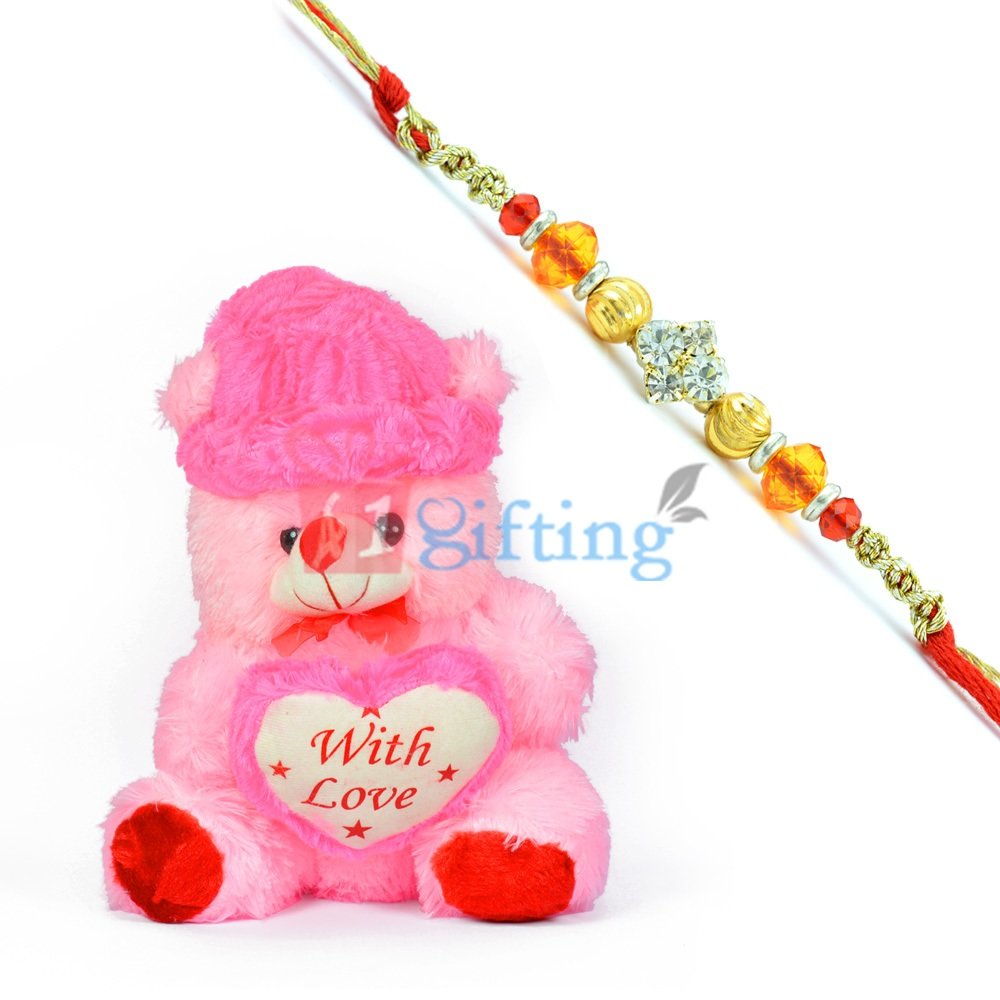 Pinky Teddy Bear Heart with Love n One Awesome Diamond Rakhi