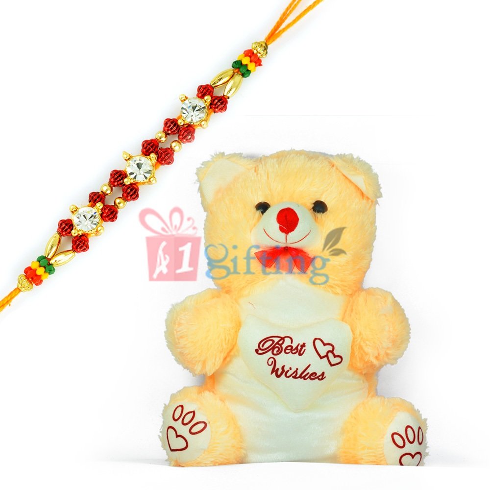 Big Soft Teddy Bear with Bow n Heart with One Beads Rakhi