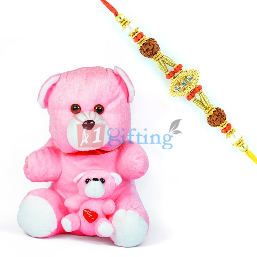 Twin Teddy Bear in Pink n White with One Fancy Rakhi