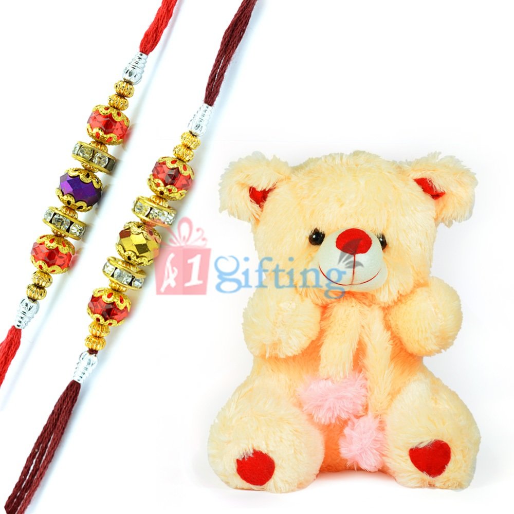 Stuffed Cutty Teddy Bear with 2 Beads Rakhi Set