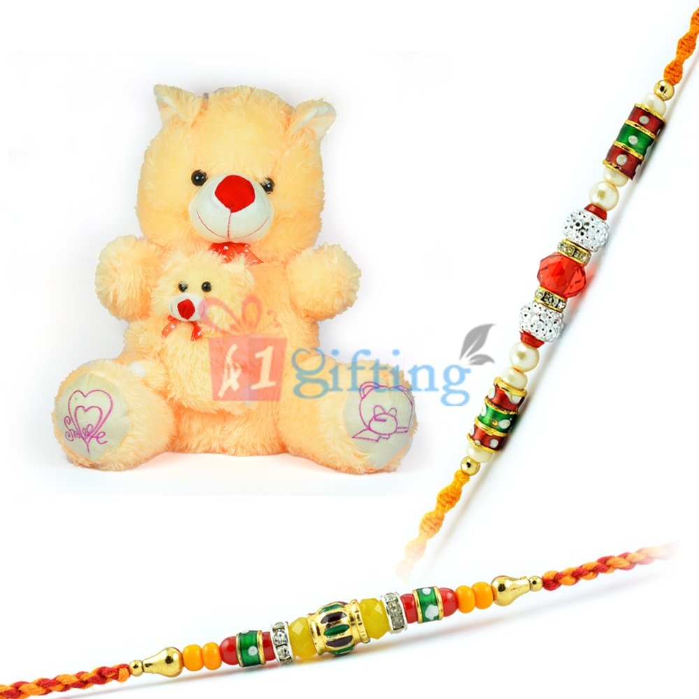 Big n Little Stuffed Teddy Bear with 2 Beads Rakhi