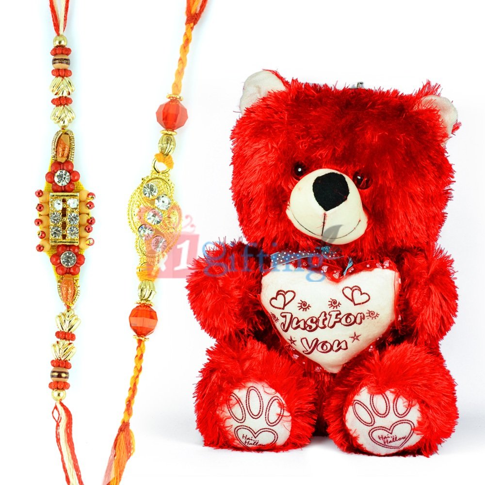 Red Soft Just For You Teddy Bear Toy with 2 Fancy Rakhis